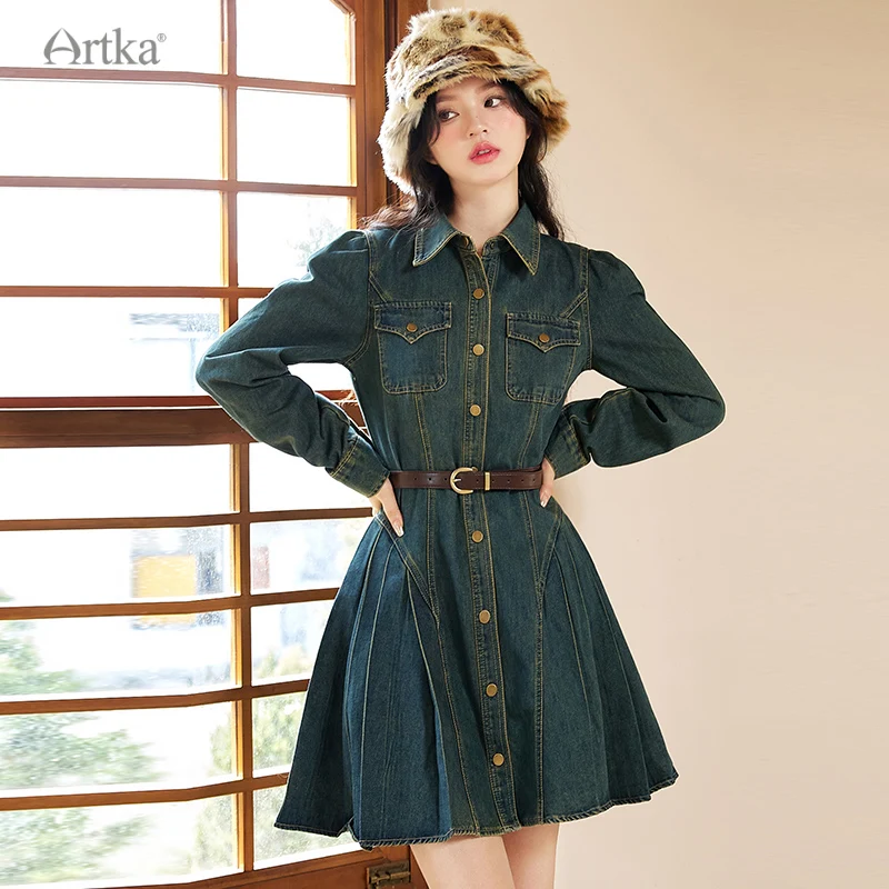 ARTKA 2023 Autumn New Fashion Vintage High Waist Lapel Denim Dresses Female Single Breasted Pleated Dress With Belt LN92232Q