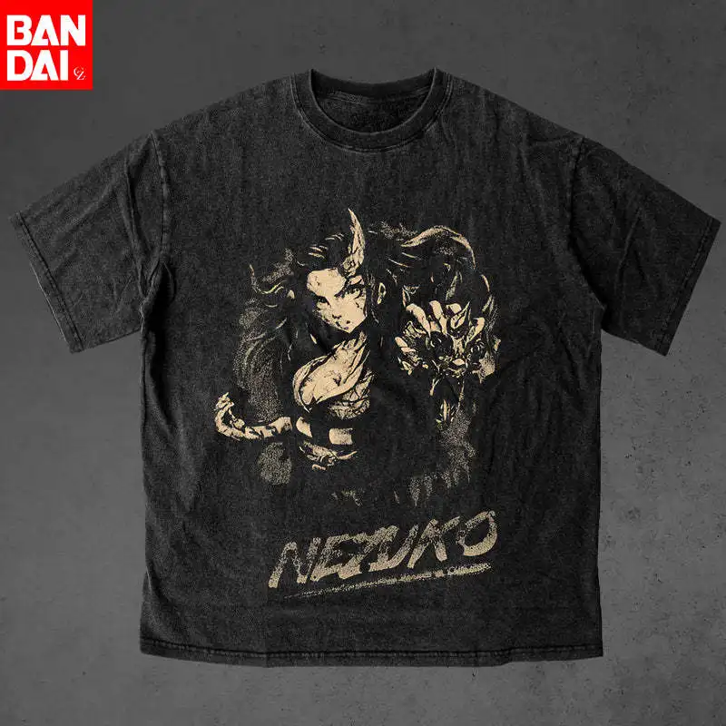

Футболка Demon Slayer Kokushibou, оверсайз, из выстиранного хлопка, с японским аниме-принтом, мужская повседневная уличная одежда, футболка Demon Slayer