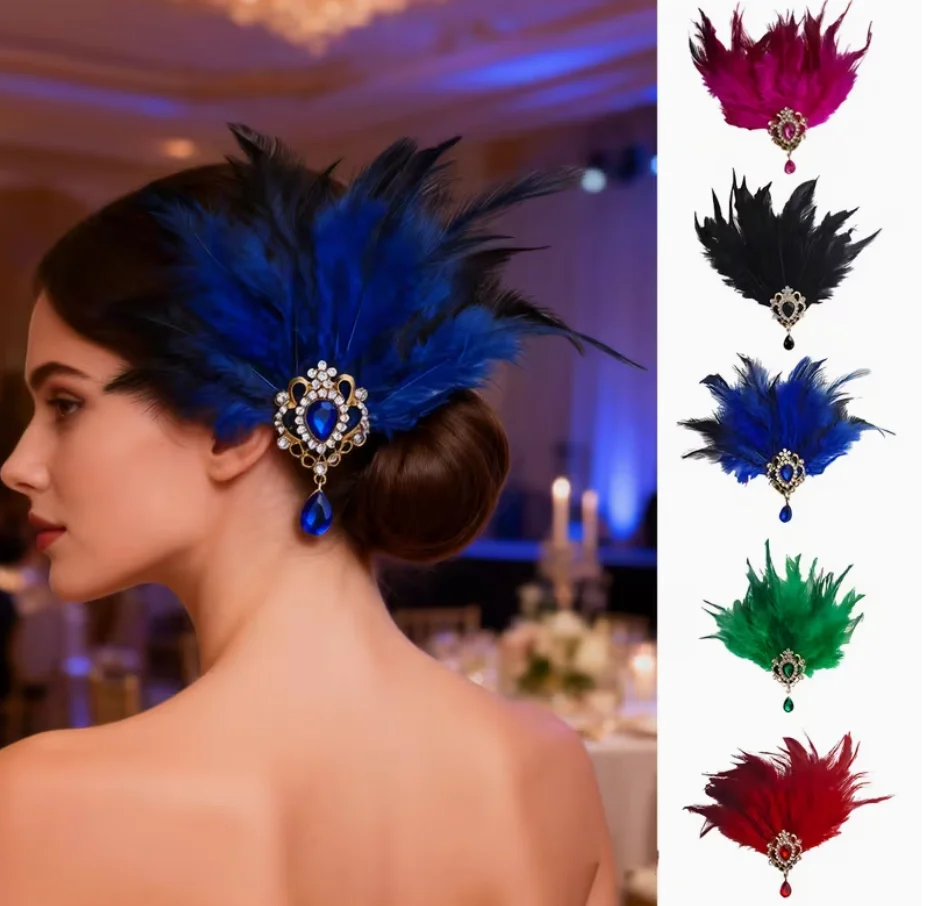 

1pcs Retro Gorgeous socialite Feather Gemstone Headpiece Black Rose Red Blue Green Red 6 Colors Optional Suitable for Jazz Night