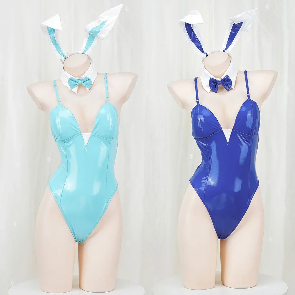 

New Anime Asena Cosplay Costume Bunny Girl Cosplay Rabbit Uniform Outfits Sexy Blue Leather Bodysuit Jumpsuit Lingerie
