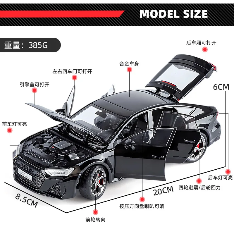 1:24 Audi RS7 Sportcar Modello di auto in lega Suono e luce Tirare indietro Giocattolo da collezione per bambini Regalo di compleanno