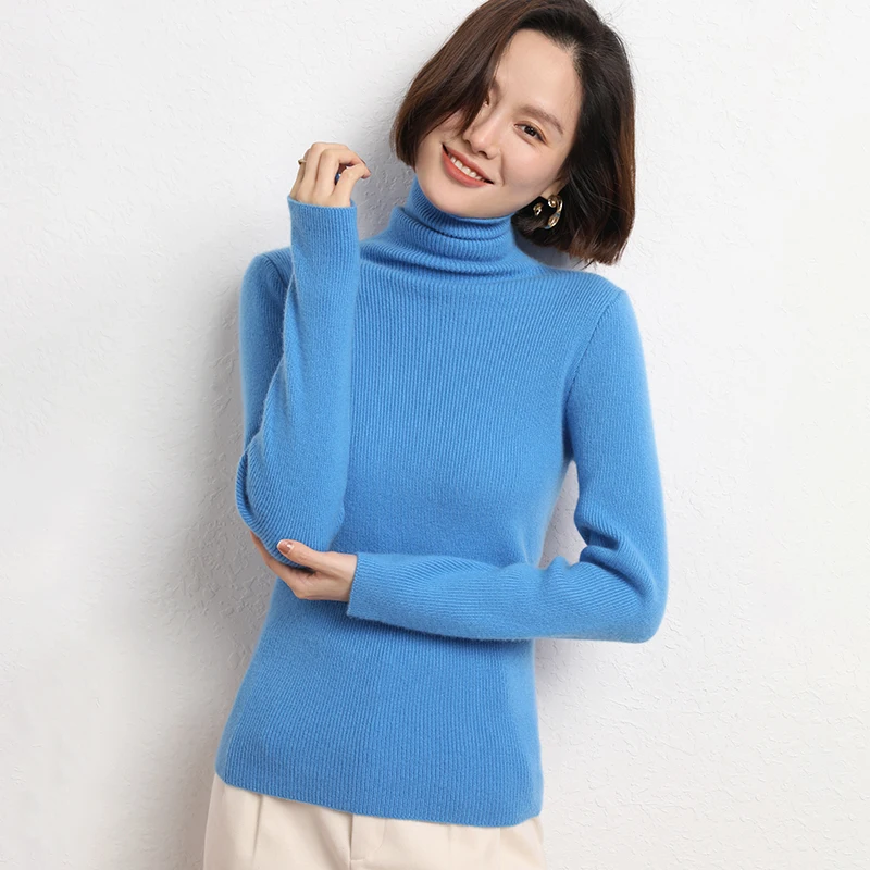 New Spring Autumn Women Wool Blend Sweater Casual Striped Pile Collar Pullover Solid Color Knitted Sweater Slim Tops Commuter