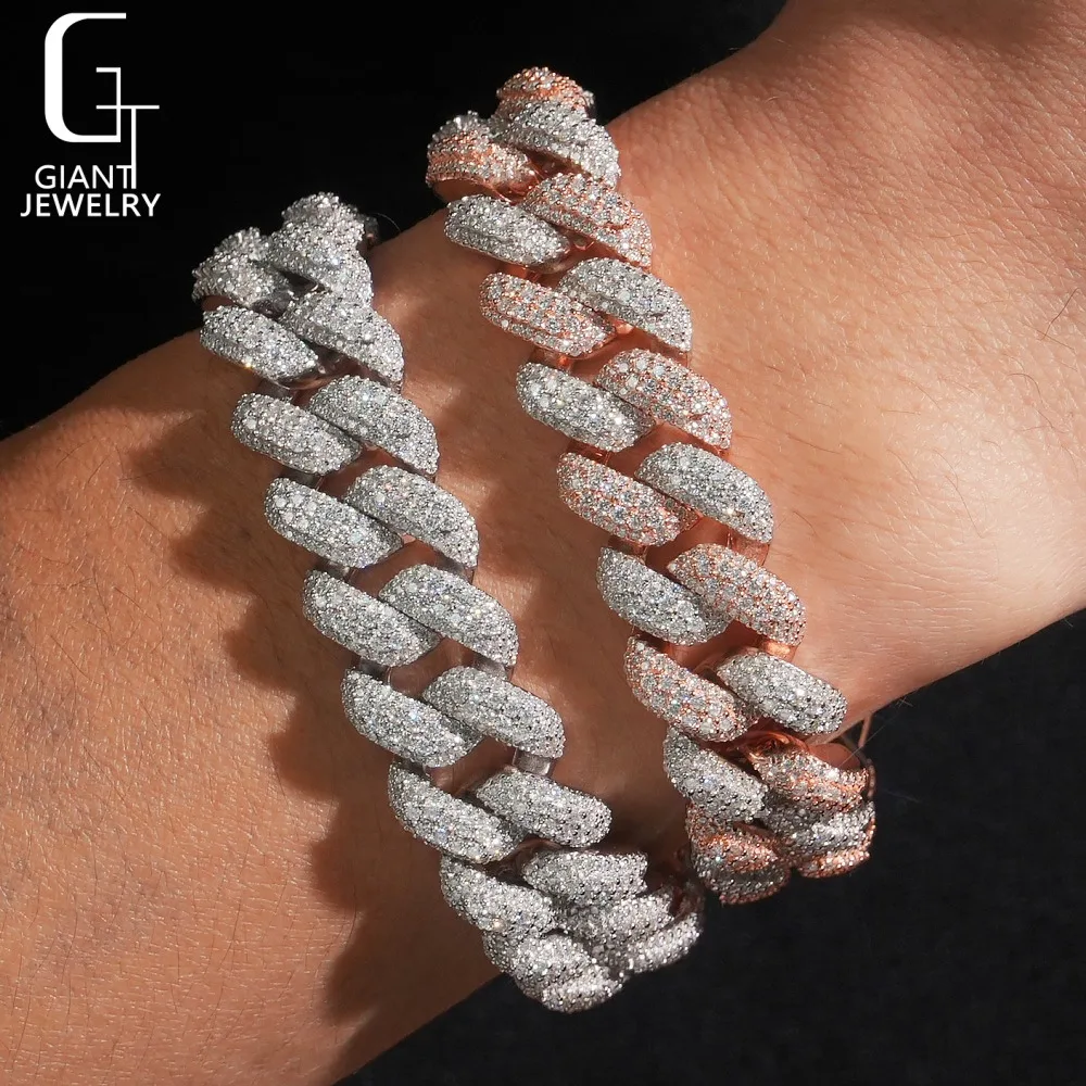 Two 16mm Tones Bracelet 925 Silver Chain Round Cut Diamond Bracelet Cuban Chain VVS Moissanite Chain Hiphop Jewelry Bracelets.
