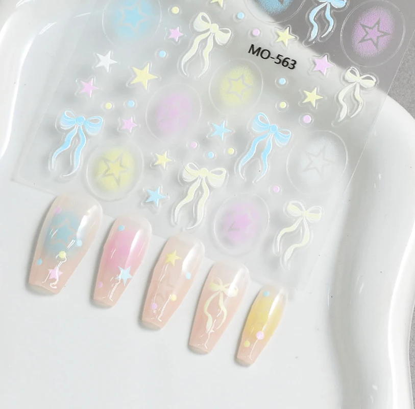 5D Embossed Nail Art Stickers Full Tips Candy Color Hollow Stars Love Hearts Bowknots Nails Decals Decorations For Manicures