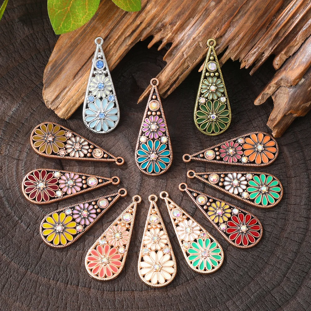 10pcs/pack Vintage Bohemia Enameling Pave Setting Teardrop Charms Pendants for DIY Jewelry Making Earrings Findings Components