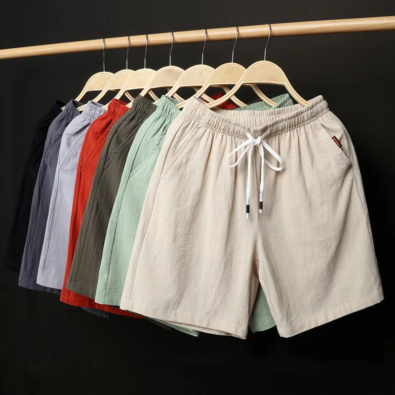 Big Size 9XL Summer Linen Casual Shorts Essentials Solid Elastic Waist Pocket Loose Casual Versatile Sports Beach Short Pants