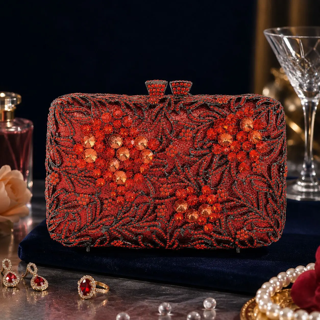 Retro red background flower diamond clutch bag rectangular rhinestone dinner bag wedding party messenger chain bag