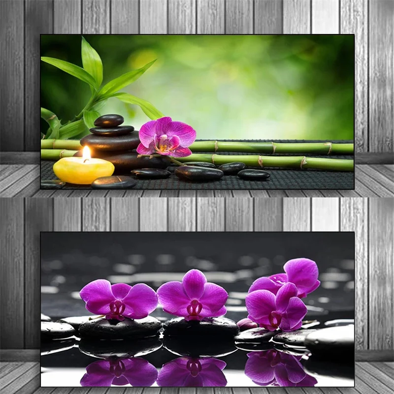 Piedras púrpuras mariposa orquídea Zen Spa piedra bambú Candls lienzo pintura carteles pared arte impresión imagen para decoración de sala de estar