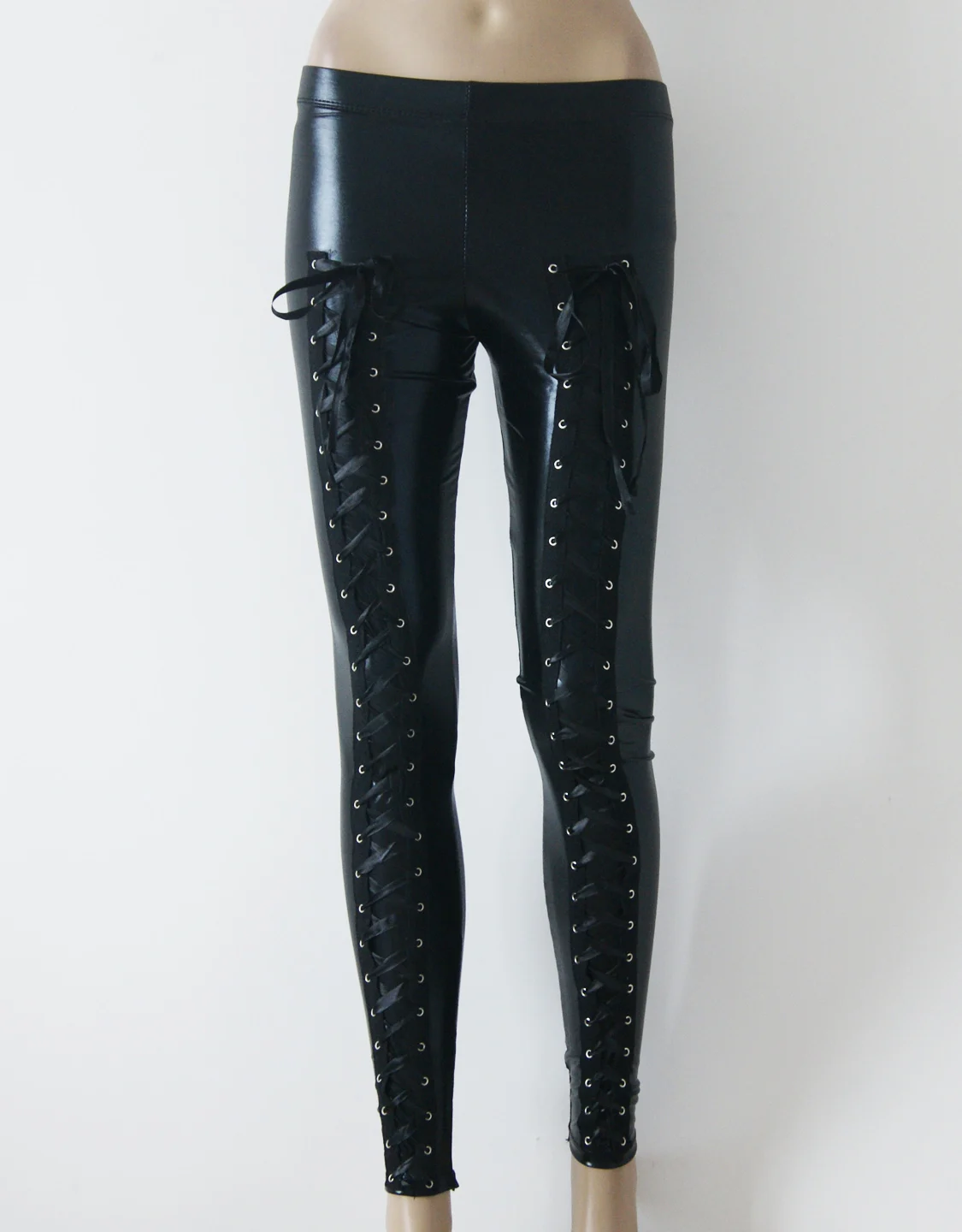 ผู้หญิงเซ็กซี่เอวสูงผูกเชือกหนัง PU เลกกิ้งกางเกงปาร์ตี้ Clubwear บอดี้คอน