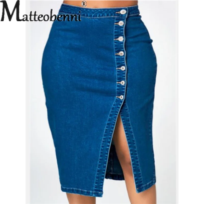 Fashion Single-breasted Splicing Open-front Denim Wrap Hip Skirt Women\'s Dark Blue Daily Commuter Smart Style Half-body Dresses