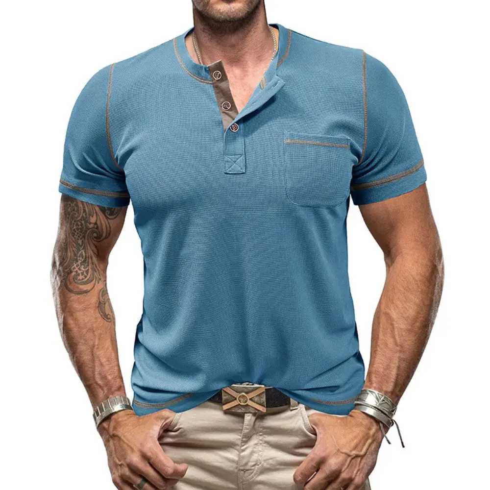 

Men's Short Sleeve Henry Collar Polo Shirt In Plaid Henley Shirt Waffle Short Sleeves 3 Button T-shirt Summer Daily Casual Tops