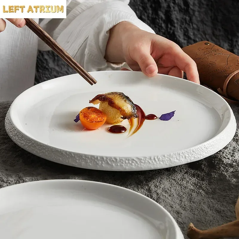 White Porcelain Featured Hotel Tableware Stone Pattern Edge Creative Household Ceramics Artistic Cuisine Steak Western Plate
