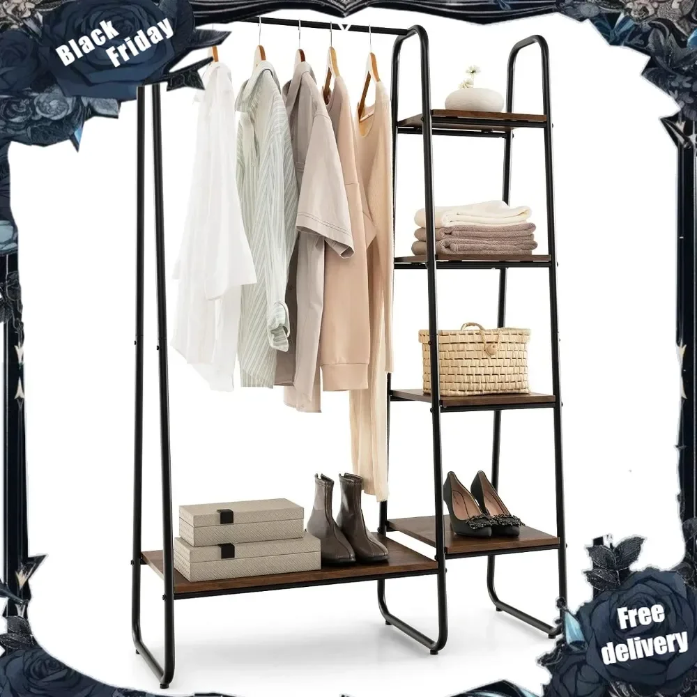 

Garment Rack with Shelves, Clothes Rack with 5 Shelves & Hanging Bar, Open Wardrobe for Hanging Clothes and Storage