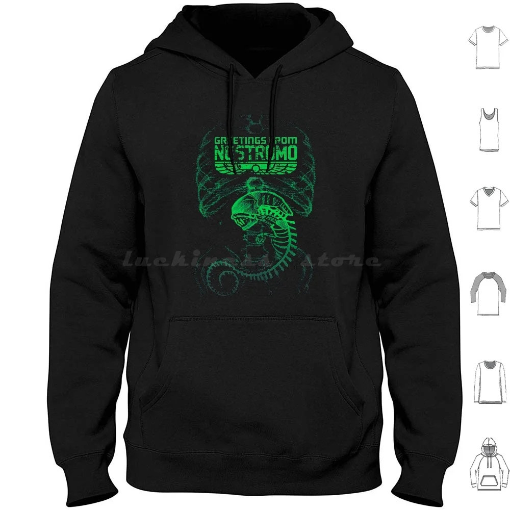 

Greetings From Nostromo. Green Hoodies Long Sleeve Souvenir Radiography Movie Film Sci Fi Ufo Science Fiction Retro