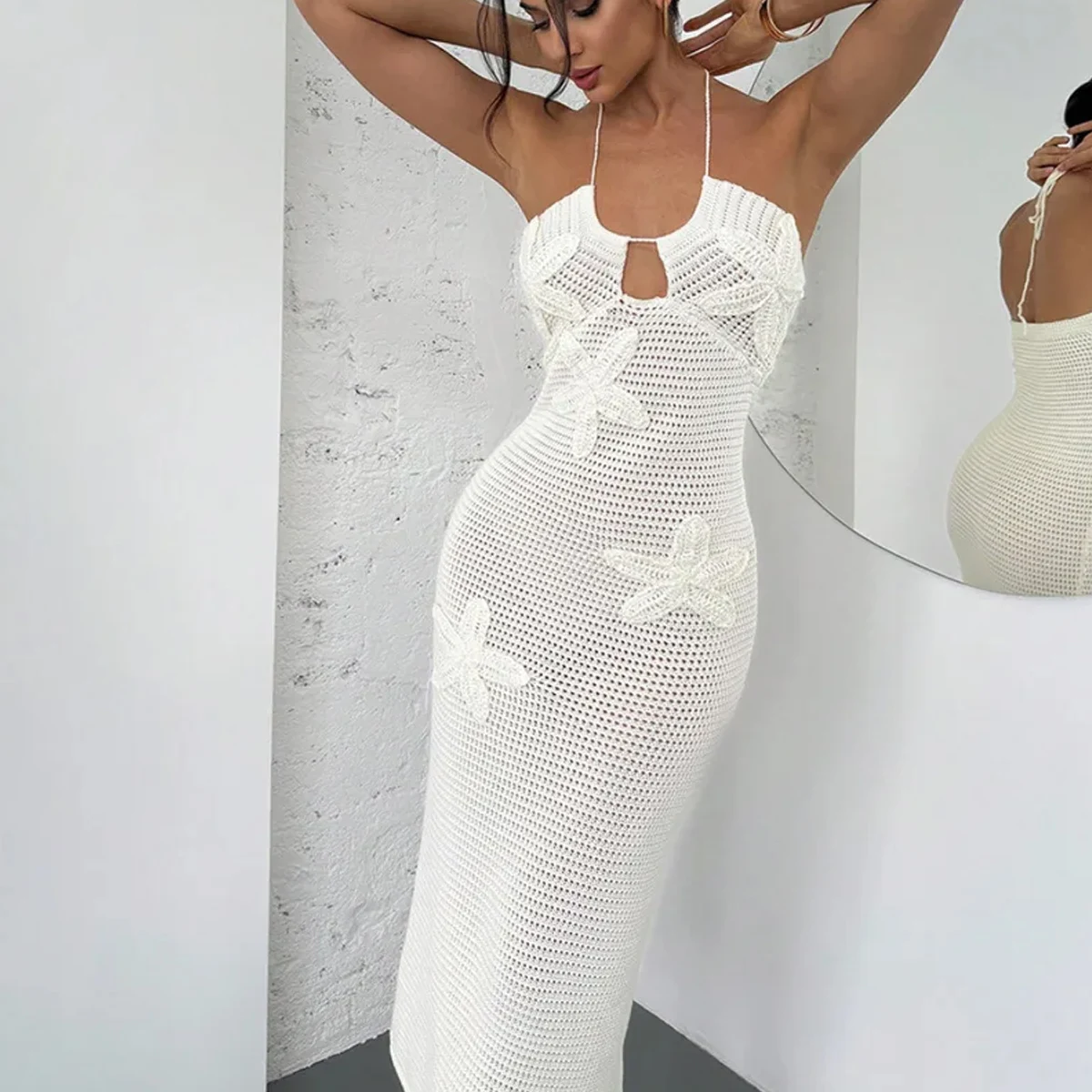 女性のセクシーなスリムフィットニットドレス、ヒトデの装飾付き、夏休みビーチカバーアップ、カジュアルホリデーウェア