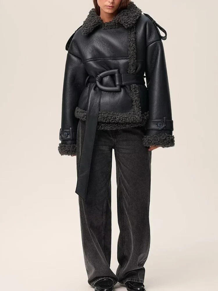 

Новая женская мода в европейском стиле, универсальная темпераментная простая шуба с лацканами и длинными рукавами с поясом