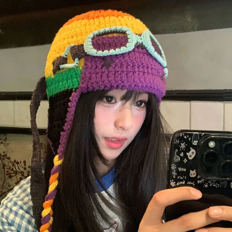Cute Quirky Knit Beanie Hat Women Autumn Winter 2025 New Knitted Aviator Cap Warm Ear Cover Head Wrap