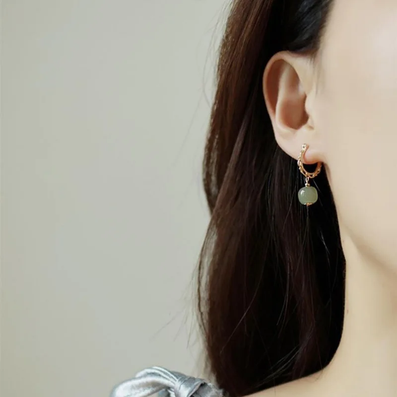 925 Plated Stamp Gold Color Hotan Jade Earrings for Women Girl Lace Fairy Gentle Palace Style Jewelry