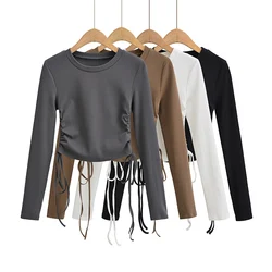 Vintage clothes long sleeve crop top white korean streetwear t shirt Cropped Fall outfits women t shirts side ruched drawstring