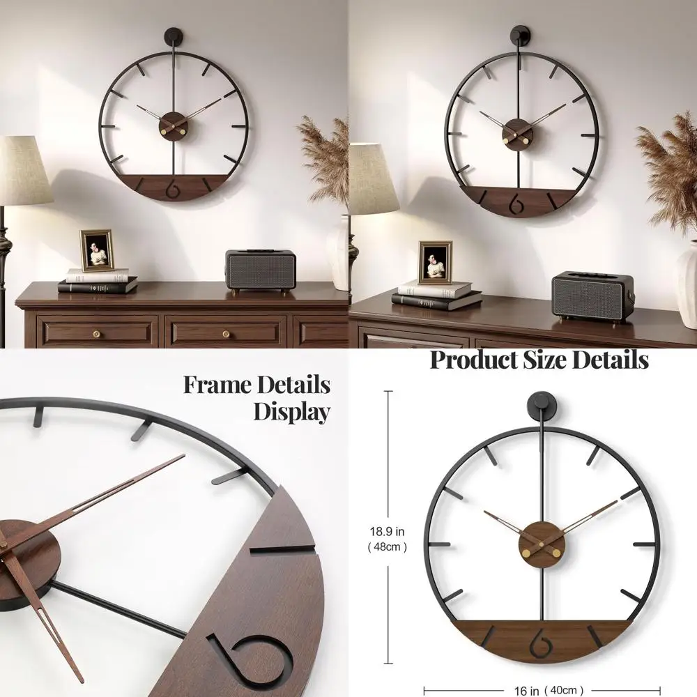 

Modern 16 Silent Wall Clock, Walnut Dial & Metal Frame, Battery-Powered, Suitable for Home or Office Decor in Black & Brown
