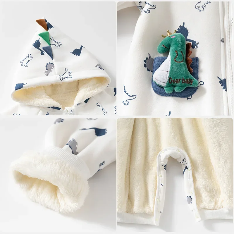 0-24M Winter Thick Baby Romper Newborn Boy Girl Warm Clothes Long Sleeve Hooded Dinosaur Jumpsuit Cute Sweet Outfit