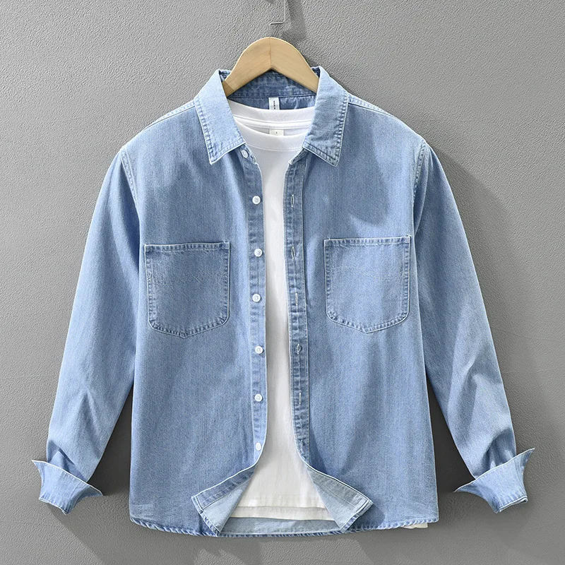 

2025 Autumn 100% Cotton Washed Japanese Denim Shirt Men's - Fresh Style Loose Fit Long Sleeve Casual Boho Top