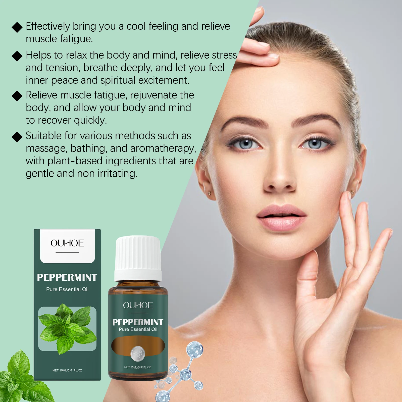 OUHOE Peppermint Pure Essential Oil - Cool Sensation, Relax Body & Mind, Muscle Relief, All Skin Types, Multifunctional Use