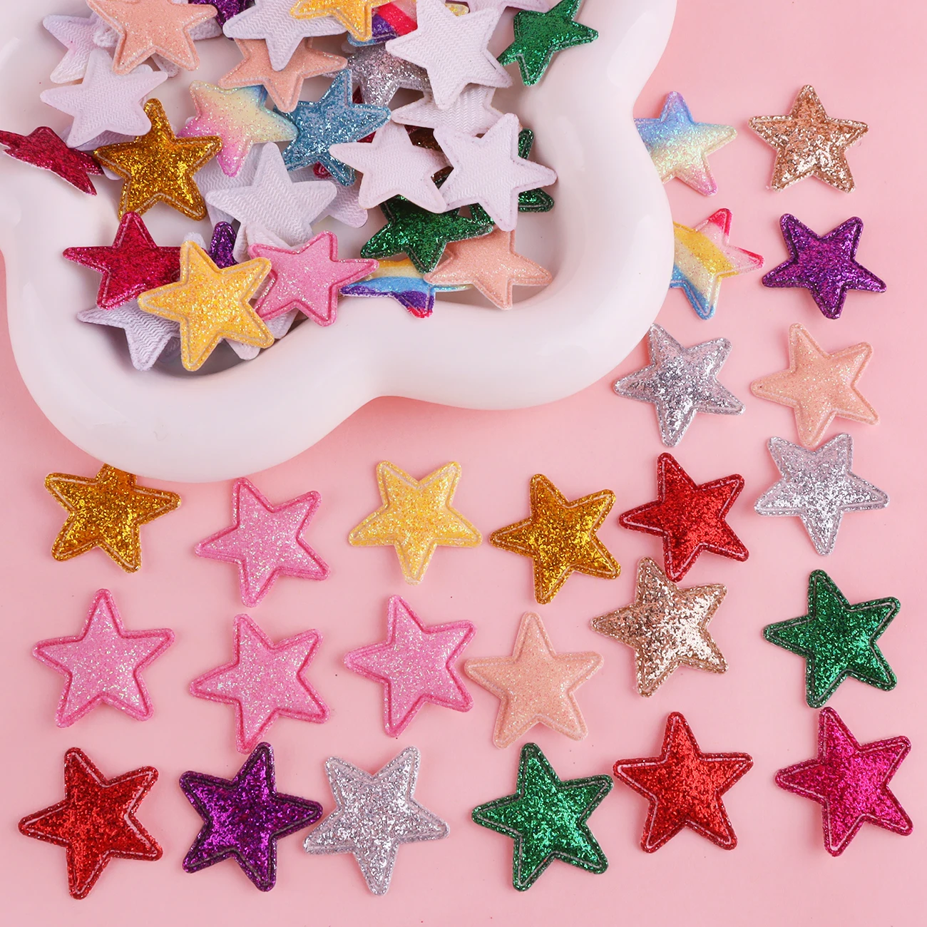 50Pcs 25*25mm Bling Star Glitter Applique Padded Patches for DIY Headwear Decor Clothes Hat Crafts Sewing Supplies