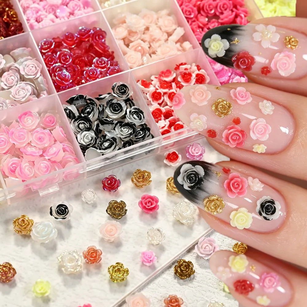 

24Grid 3D Rose Nail Charms Multi-Color Resin Flower Nail Decorations Mini Rose Floral Nail Art Accessories DIY Manicure Supplies