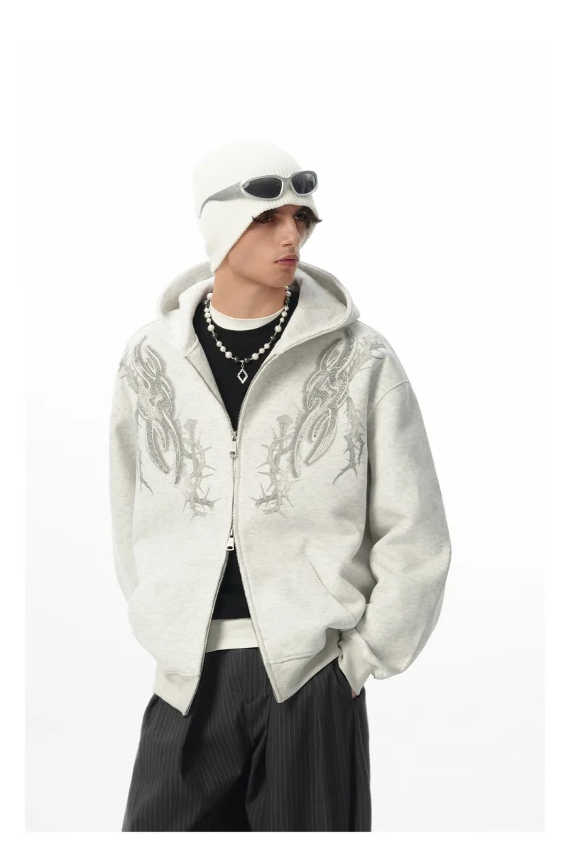 النمط الأمريكي مقنعين الثقيلة حجر الراين البلوز الخريف الشتاء فضفاضة عارضة سترة تنوعا الدافئة سستة سترة للرجال