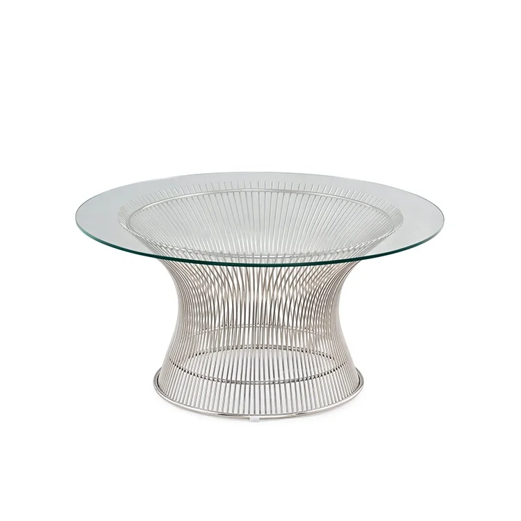 Meja Kopi Kaca Bundar Desain Modern Meja Samping Ruang Tamu Baja Tahan Karat Meja Tengah Klasik