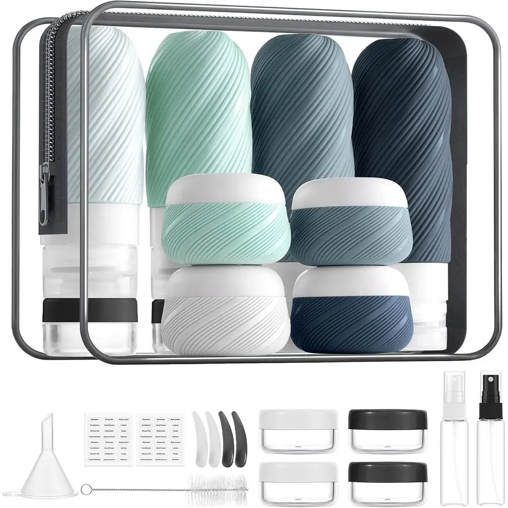 

TSA Approved 23-Piece Travel Bottle Set with Leak-Proof Containers for Shampoo, Lotion, and Conditioner in Clear Bag, Gray