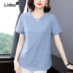 Women's Fashion V Neck Short Sleeve Blouse Office Lady Elegant Cotton Irregular Shirt Casual Solid Loose Tops Blusas Para Mujer