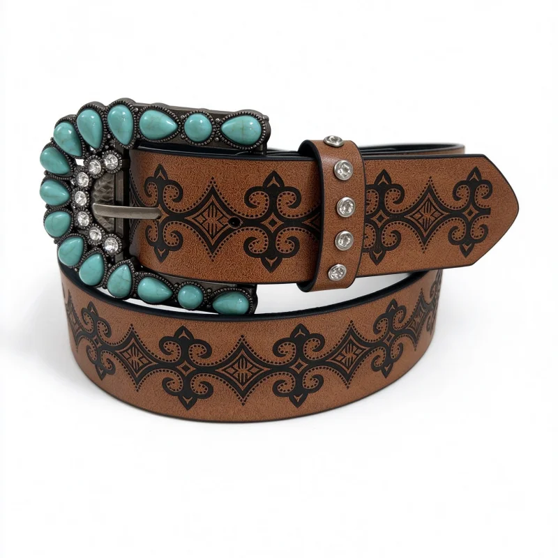 1 unisex waist belt with embossed turquoise western denim punk style paired with jeans for daily parties and outings