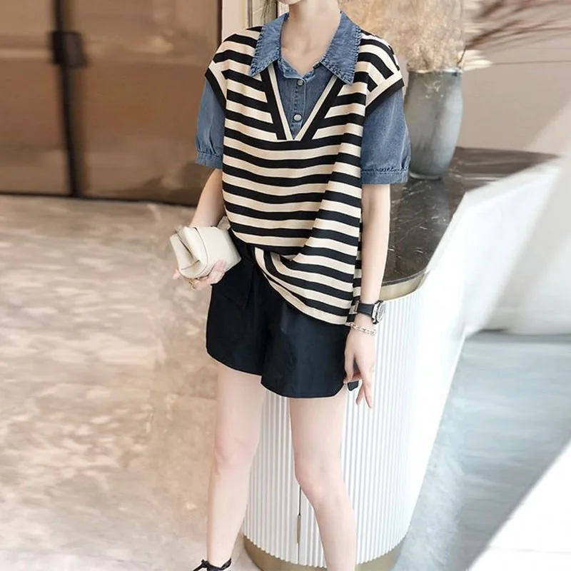 Fashion Female Denim Spliced Striped Fake Two Pieces Tops 2023 Summer Women\'s Clothing Polo-Neck Casual Short Sleeve T-shirt