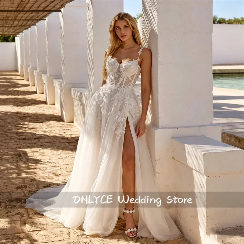 Customized Thin Straps Sweetheart Neckline With Appliques Organza A-Line Wedding Dress Zipper Back Floor Length High Slit Gown
