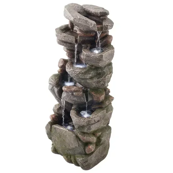 Outdoor Water Fountain, 38.98 in Height Fountain and Waterfall, 7-Tier Floor Standing Rock-Shaped