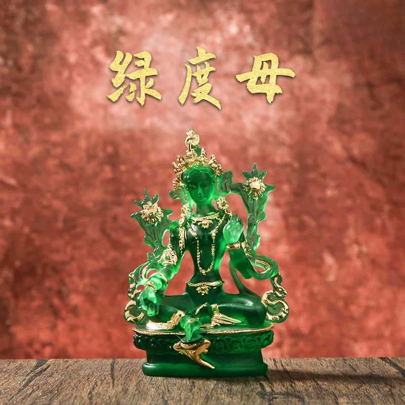 Estatua budista tibetana de Tara verde, Mini estatuilla de Buda de cristal de resina, decoración hecha a mano