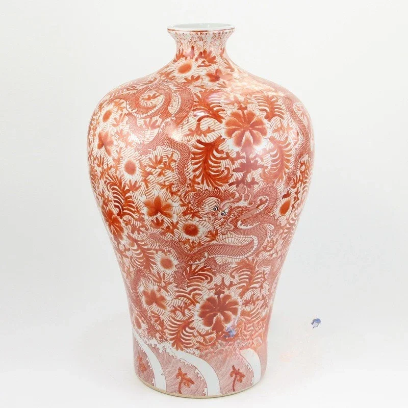 مزهرية عتيقة مرسومة يدويًا بنمط تنين أحمر لوتس بركة سمك الشبوط من السيراميك والخزف القديم العتيق