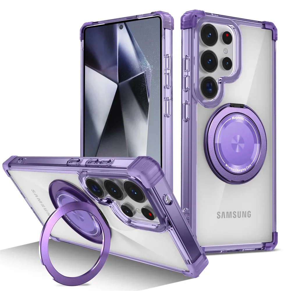 Roterende Magnetische Opvouwbare Stand Transparante Telefoon Case voor Samsung S26 S25 S24 S23 Plus FE S21 Ultra Armor Shockproof Cover