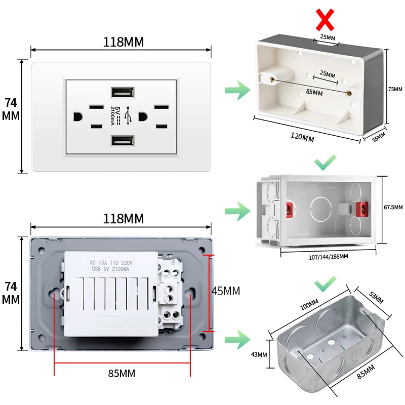 PSSRISE US Standard Wall Switch Socket White PC Panel DIY Multifunctional Switch Power Outlet USB Combination 118mm*72mm