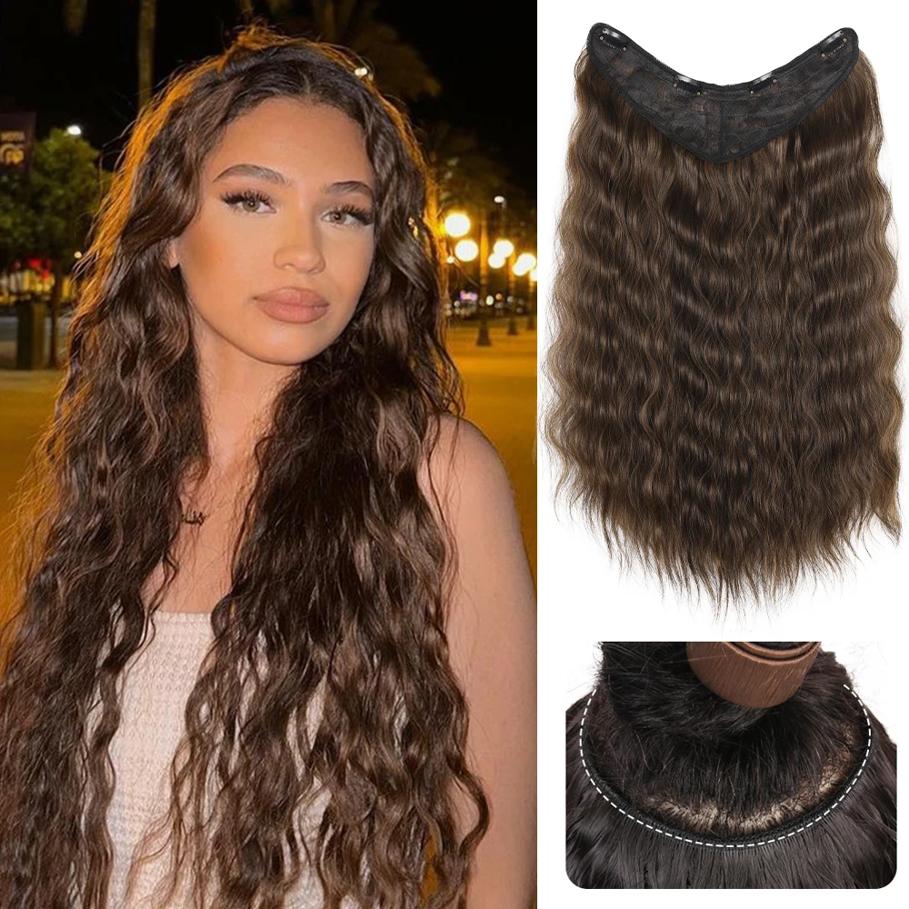 

Synthetic Clip In Hair Extension 22Inch Long Water Wave Hairpiece V-Shaped Half Wig With 4Clips Thick Curly Wavy Hairpiece