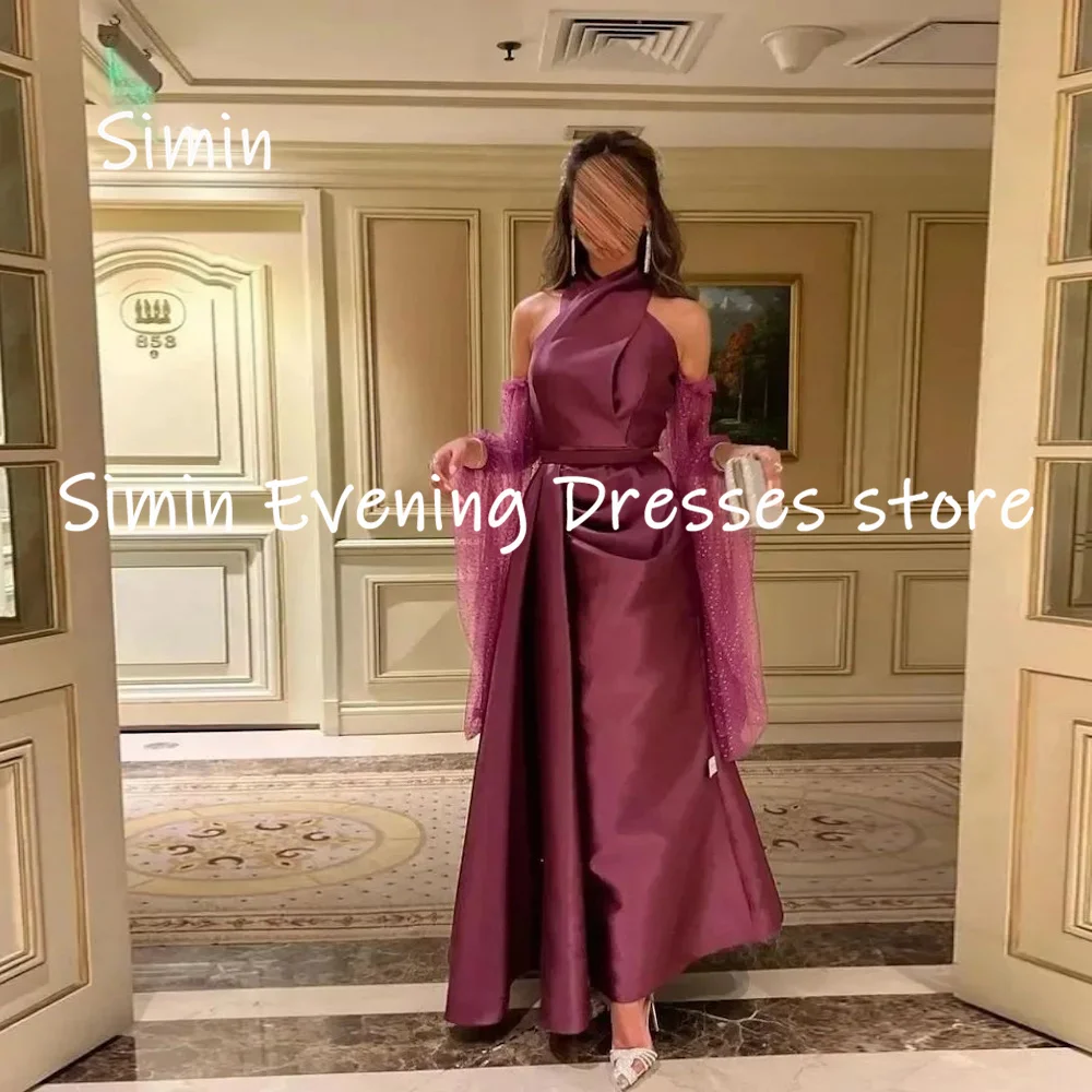 

Simin Satin A-line Halter Lace Ruffle Formal Popular Prom Gown Ankle-length Evening Elegant Party dresses for women 2023