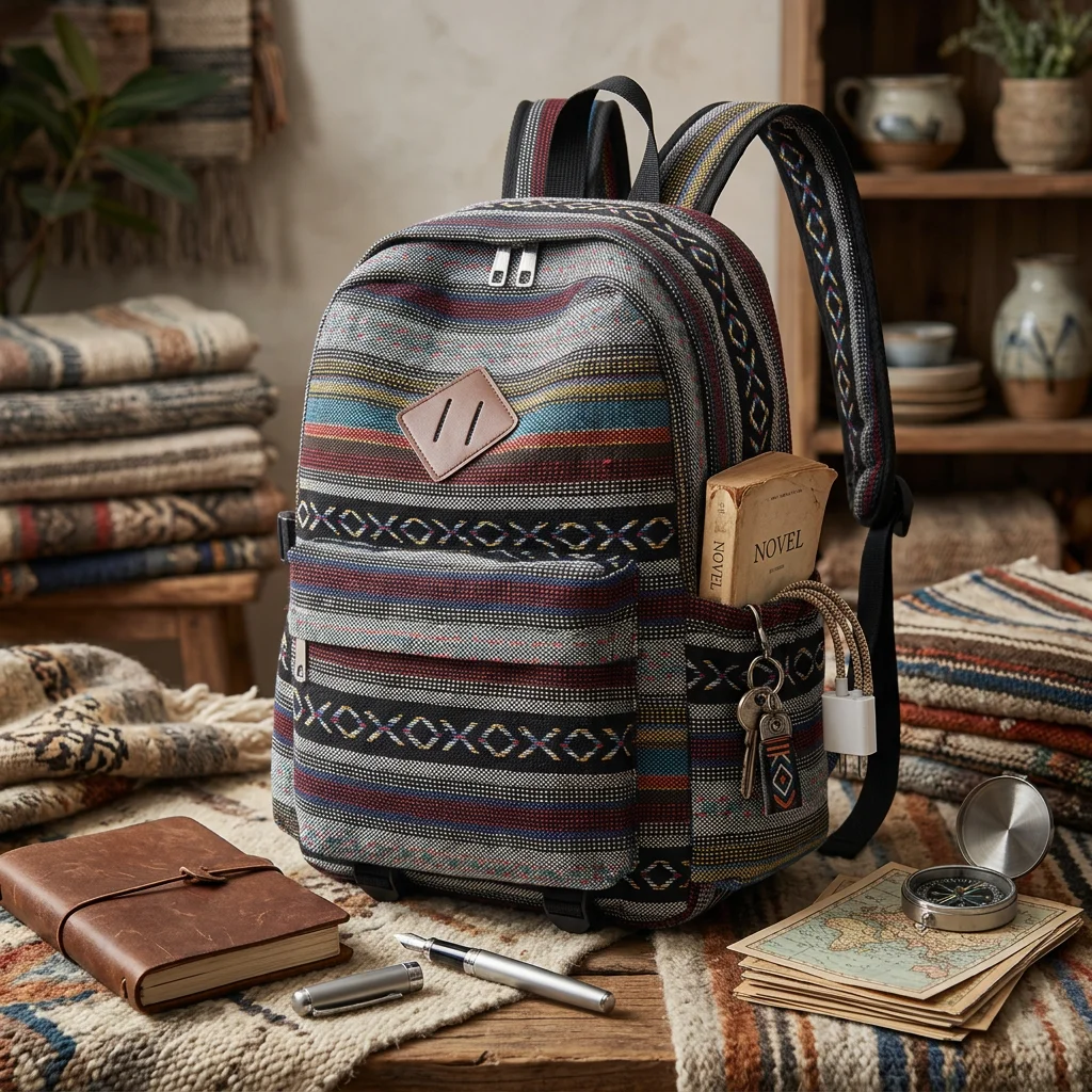 1 Pack Plaid Daypack High-Density Canvas for Travel Students Ethnic Pattern Large Capacity School Bag Durable Lightweight