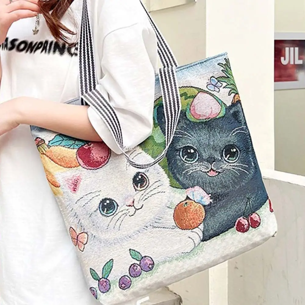 Embroidery Ethnic Style Handbag Casual Canvas Large Capacity Animal Shoulder Bag Handbag Tote Bag Cute Cat Cloth Bag Women