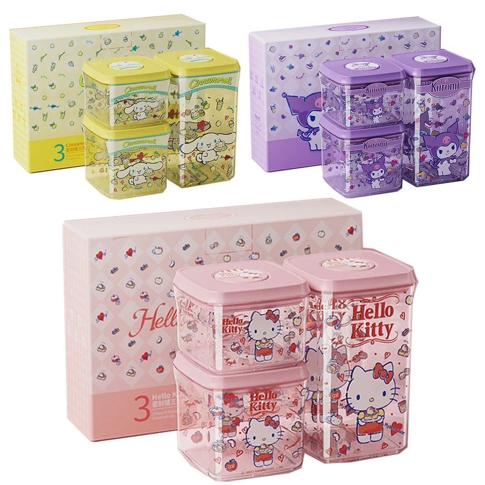 Sanrios Kuromi Cinnamoroll Hellokittys Anime Kawaii Three Piece Set Ankou Sealed Food Grade Box Nut Storage Candy Snack Jar Gift