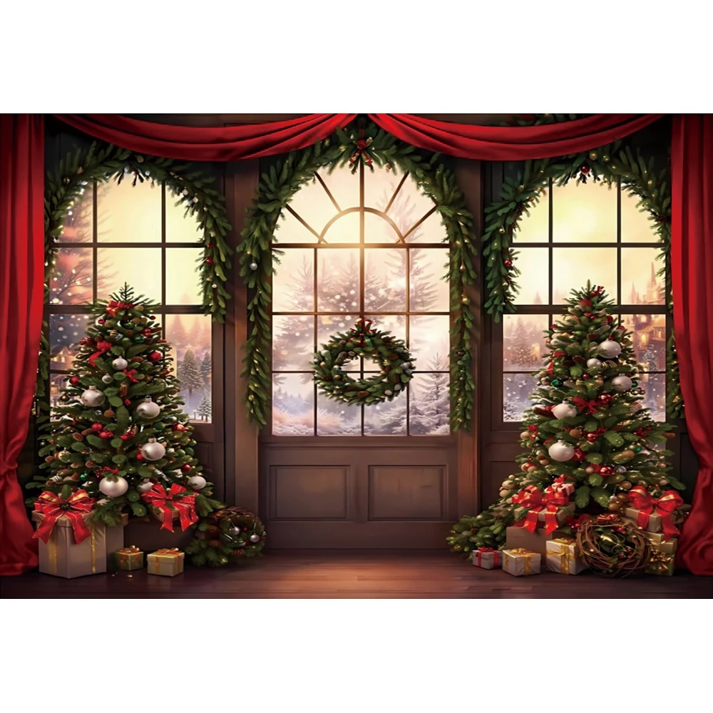 AI Christmas Backdrops For Photography 2023 Xmas Windoe Snow Scene Gift Baby Shower Family Party Background Studio Shoots Props