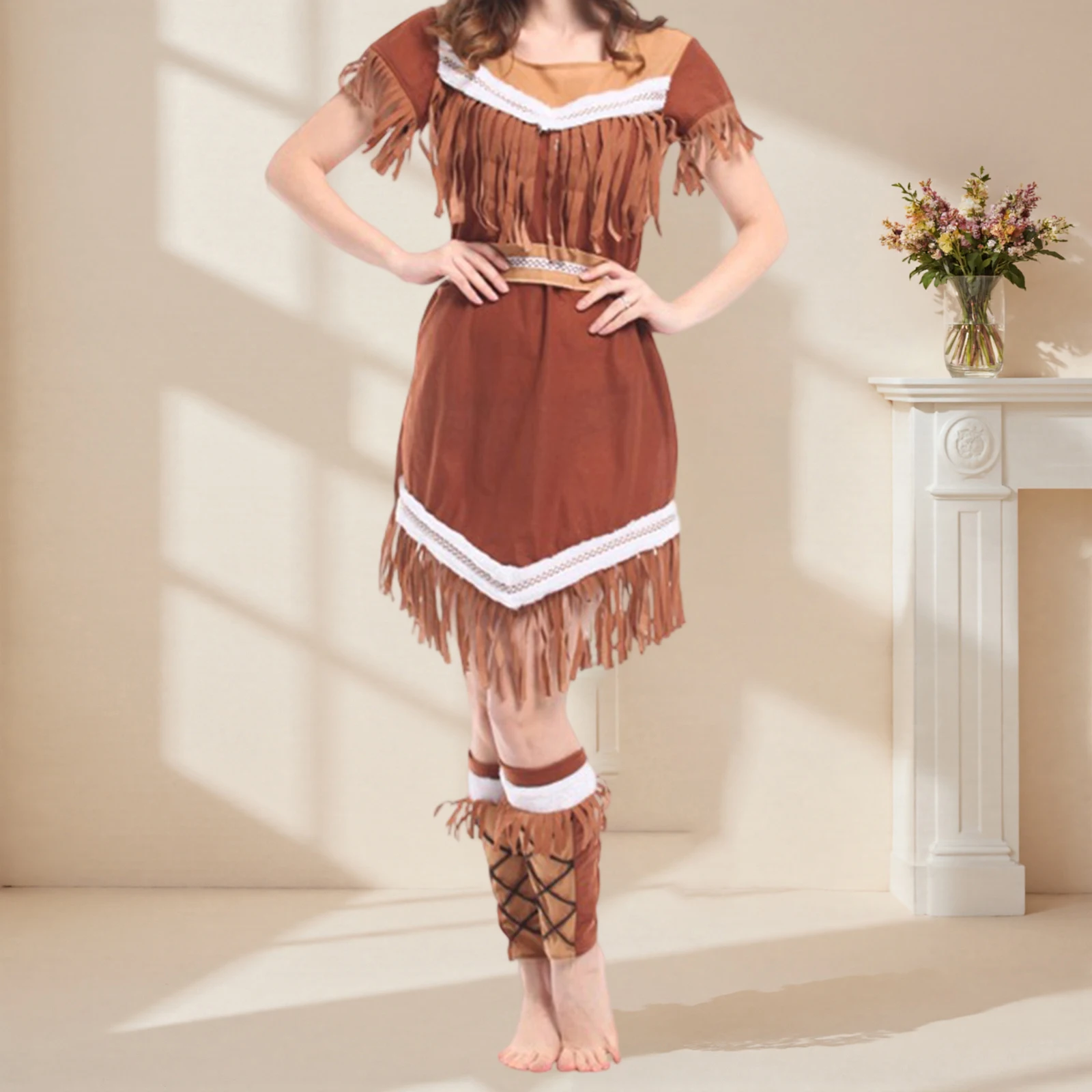 

Женский костюм индейки, платье с короткими рукавами и кисточками, повязка на голову, пояс, гетры, дикий костюм для косплея