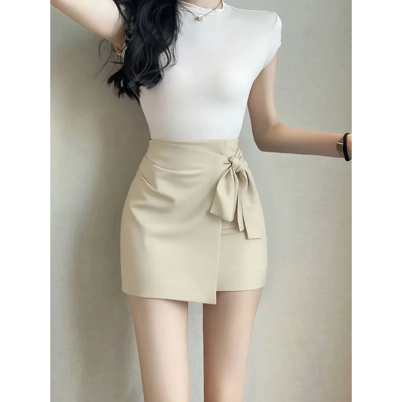 

Женская мини-юбка с высокой талией, однотонная, с завязками спереди, асимметричным подолом, повседневная юбка