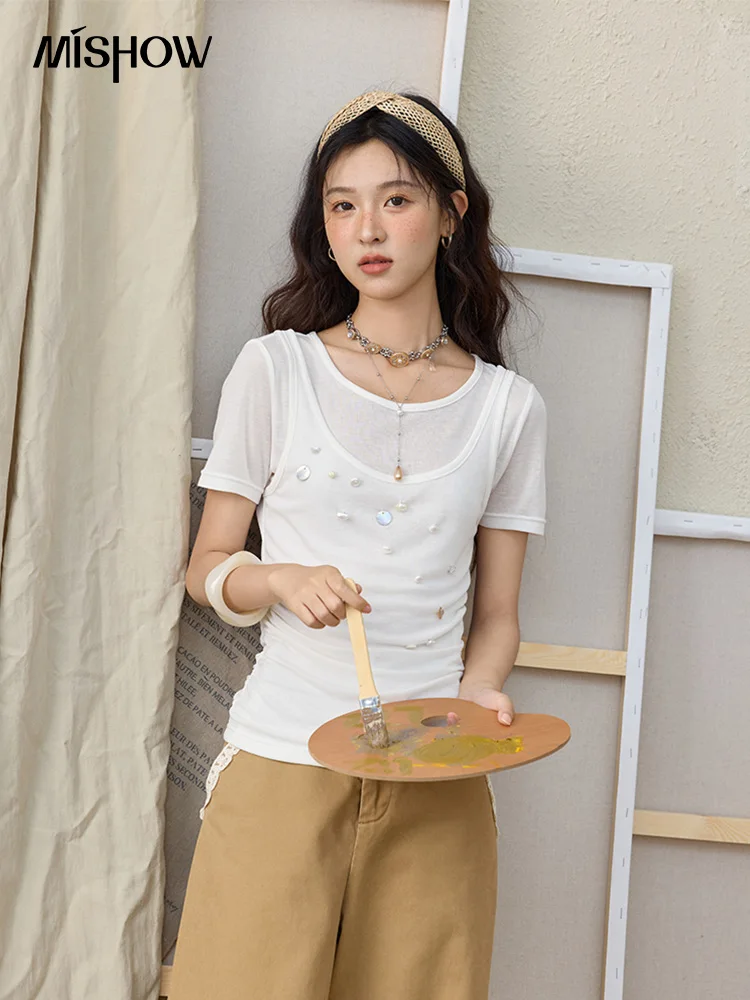 MISHOW ผ้าฝ้าย 100 สีกากีลูกไม้ Patchwork กางเกงขากว้างสําหรับฤดูร้อน 2025 เอวสูงขาตรงกางเกงเดินทางกางเกง MXE34K0925